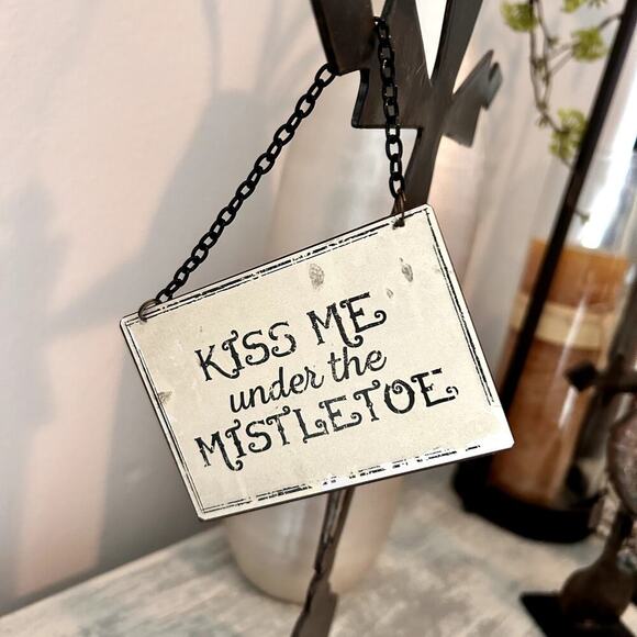 Metal "Kiss me under the Mistletoe" Christmas Ornament with Chain - Picture 1 of 2